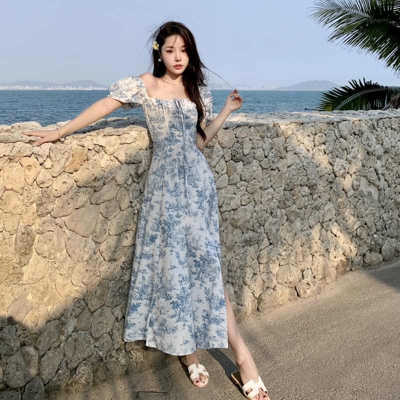 Đầm Tay Ngắn Cổ Vuông In Họa Tiết Hoa Phong Cách Retro Sang Trọng