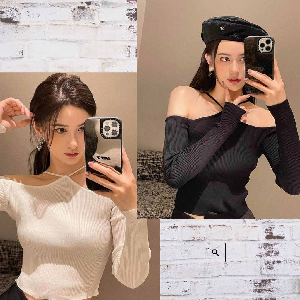 Áo Len Nữ Trễ Vai Kiểu Cổ Yếm Dây Mảnh Dài Tay 2 Màu Trắng Đen