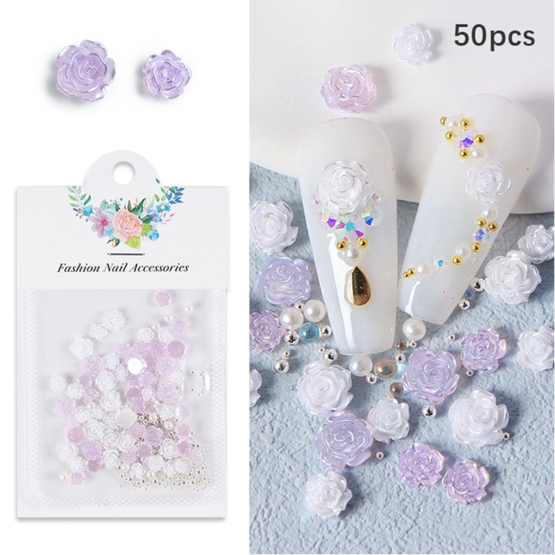 Set 50 Phụ Kiện Trang Trí Móng Tay Nghệ Thuật Hình Hoa Hồng Đính Ngọc Trai Charms
