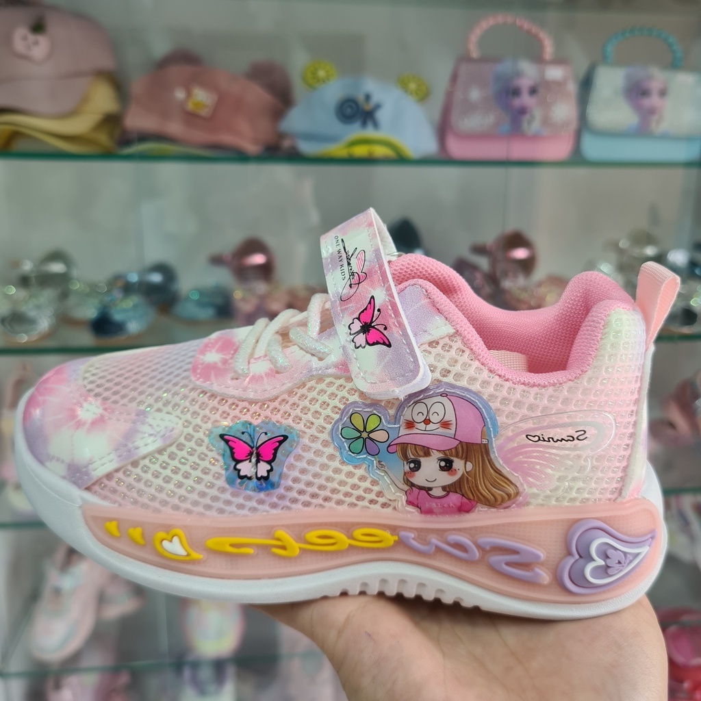 Giày thể thao bé gái đi học, giày bé gái hình công chúa lưới thông thoáng chân, đế siêu nhẹ và êm