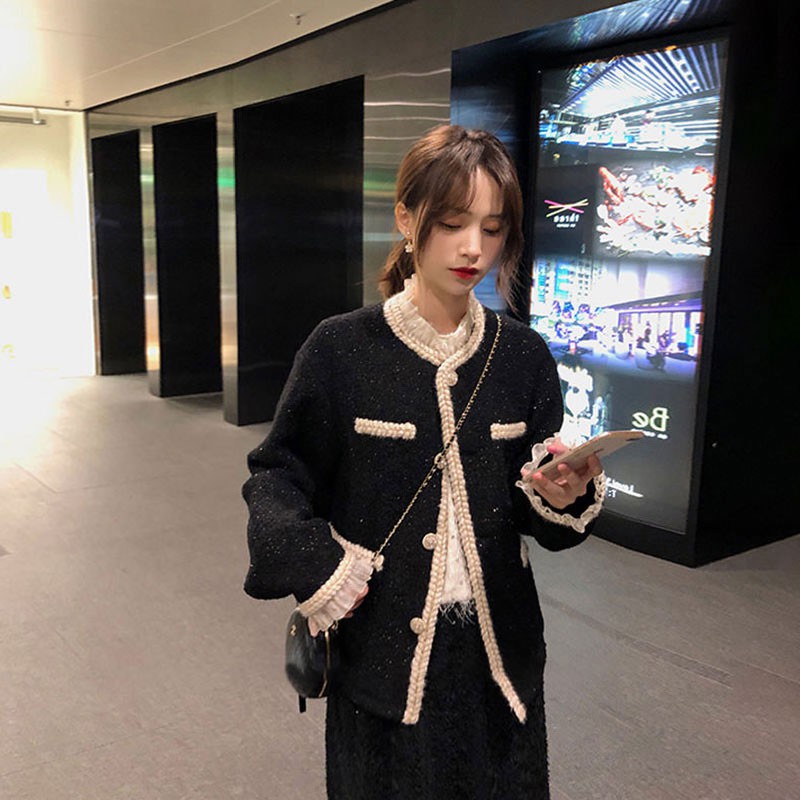 HOT - Áo khoác dạ tweet nhũ muối tiêu ren - 2 màu đen trắng | BigBuy360 - bigbuy360.vn