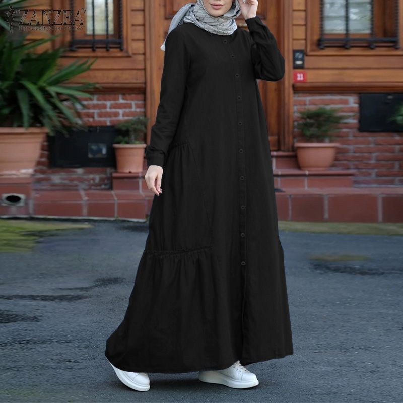 Zanzea Đầm Maxi Cài Nút Phong Cách Hồi Giáo Cho Nữ