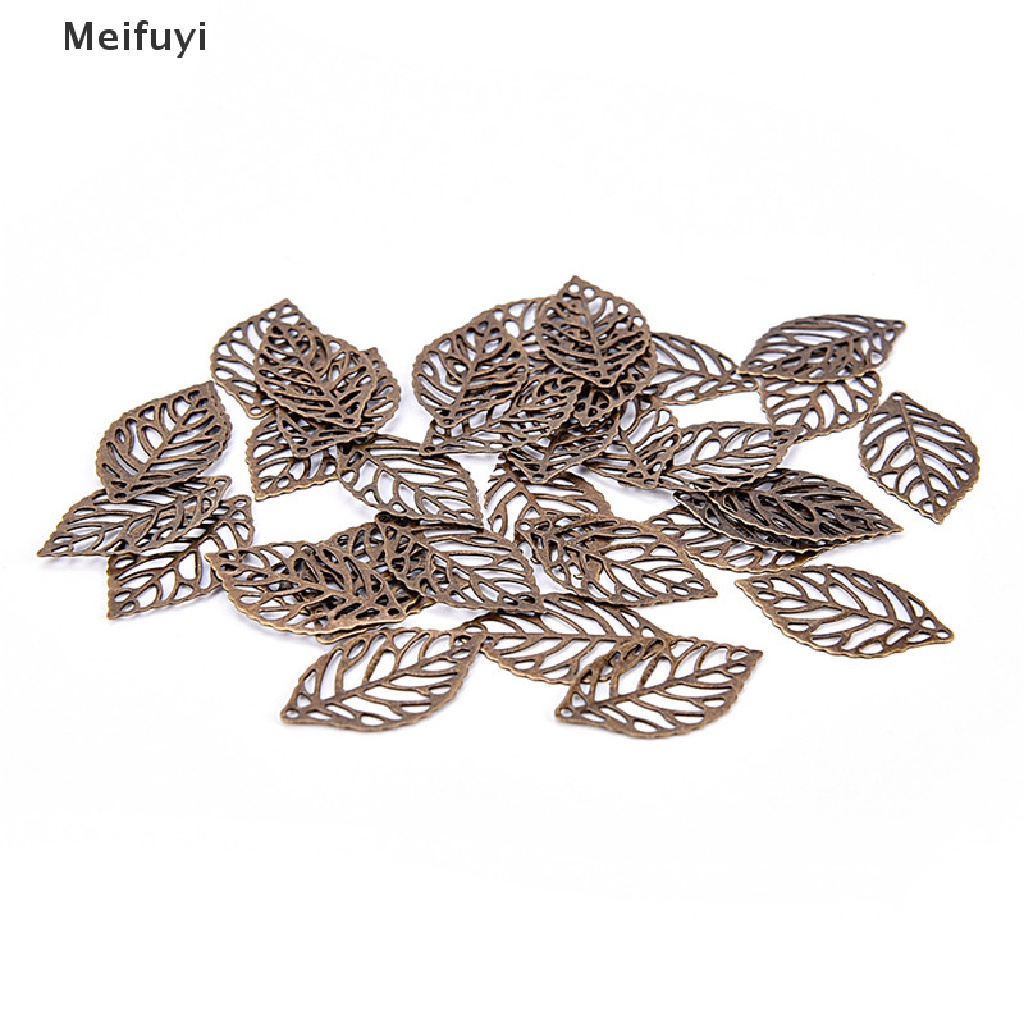[Meifuyi] 50PCS Charm Filigree Hollow Leaves Pendant DIY Jewelry Making Leaves Metal Craft COD