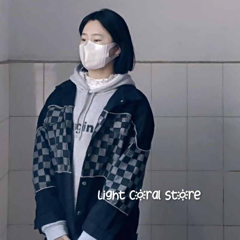 Áo khoác style Hàn bò denim tone đen phối vạt kẻ caro họa tiết bàn cờ có size ulzzang Hàn