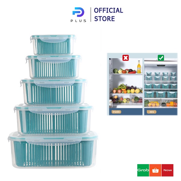 Set 5 Hộp Đựng Thực Phẩm 2 Lớp Tách Nước Dạng Rổ Ráo Nước, Hộp Đựng Thực Phẩm Bảo Quản Tủ Lạnh Đa Năng