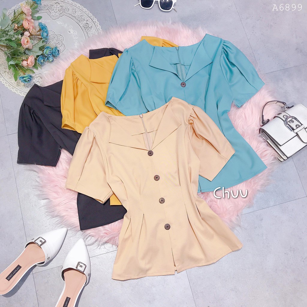 Áo peplum công sở nữ kiểu xếp li bo chun phần eo đính nút gỗ CHUU A6899