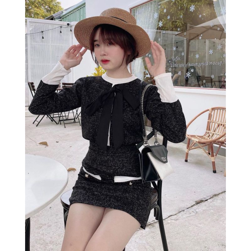 Set dạ mùa thu đông dạ gồm áo khoác len tiêu và chân váy phối trắng ullzang