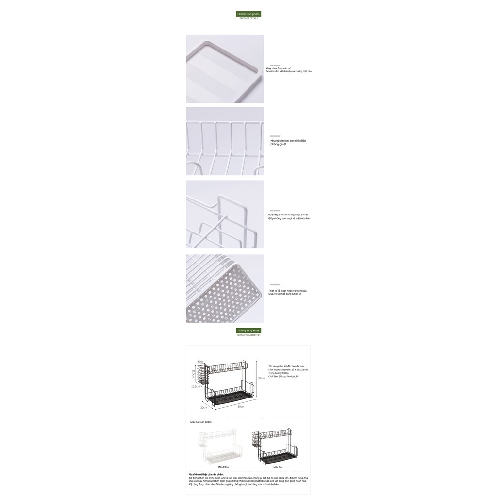 Kệ Úp Chén Bát 2 Tầng Mini Nhỏ Gọn - Kèm Khay Hứng Nước & Ống Đựng Đũa (có thể tháo rời)