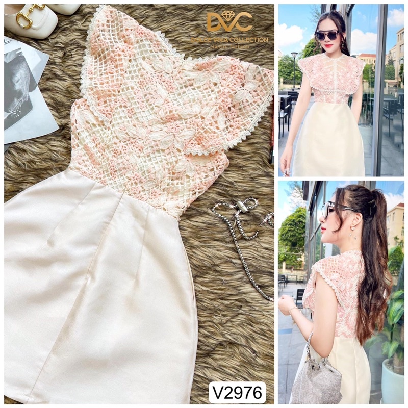 V2976 Váy tafta  kem phối ren hồng tiểu thư sang chảnh -  Dolce viva colection