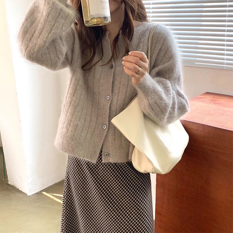 Áo khoác cardigan dệt kim cổ tròn tay phồng dáng rộng họa tiết kẻ sọc thoải mái dành cho nữ