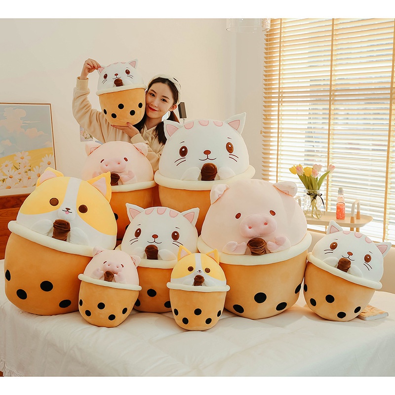 Mèo Nhồi Bông Hình Ly Trà Sữa Ngộ Nghĩnh Đáng Yêu Cho Bé