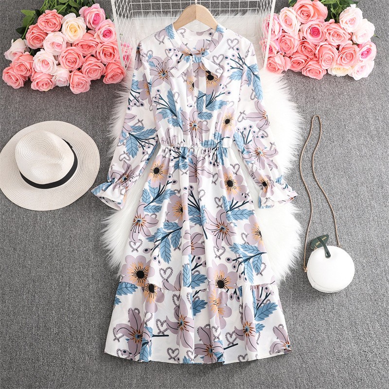 Đầm Midi Chiffon Tay Dài Eo Co Giãn In Họa Tiết Hoa Thời Trang Xuân Hè Cho Nữ