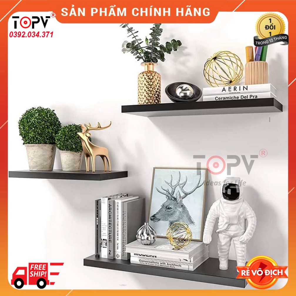 Bộ 3 kệ gỗ treo tường decor TopV giá trang trí bằng thanh gỗ ngang gắn tường mini phòng khách phòng ngủ đen TopVHCM