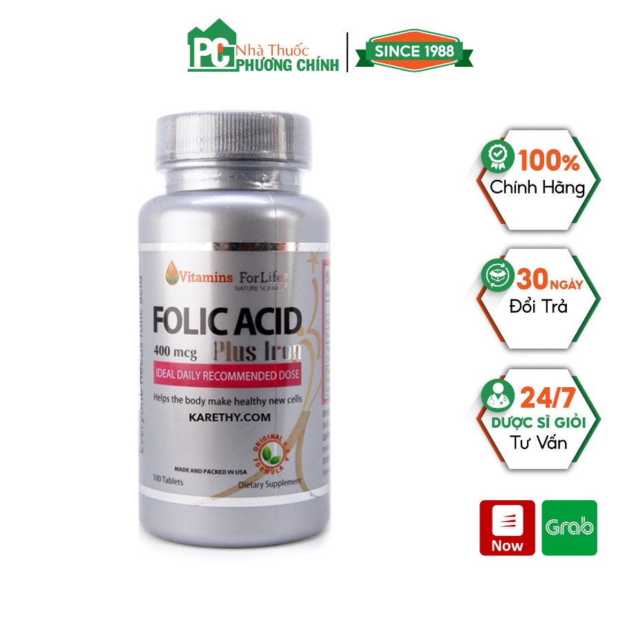 Viên Uống Bổ Máu Acid Folic Vitamins For Life - Giúp Bổ Sung Acid Folic Và sắt, Tăng Cường Sức Đề Kháng Hộp 100 Viên
