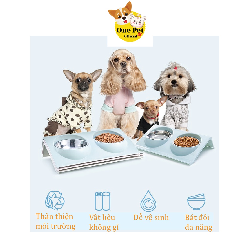 Bát ăn đôi cho Chó Mèo, tặng kèm 2 bát inox cao cấp, thiết kế nghiêng chống gù - One Pet Shop