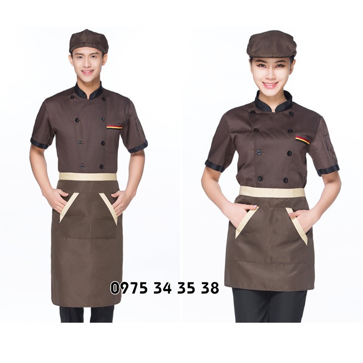 Áo đồng phục bếp màu nâu ngắn tay cho nhà hàng khách sạn