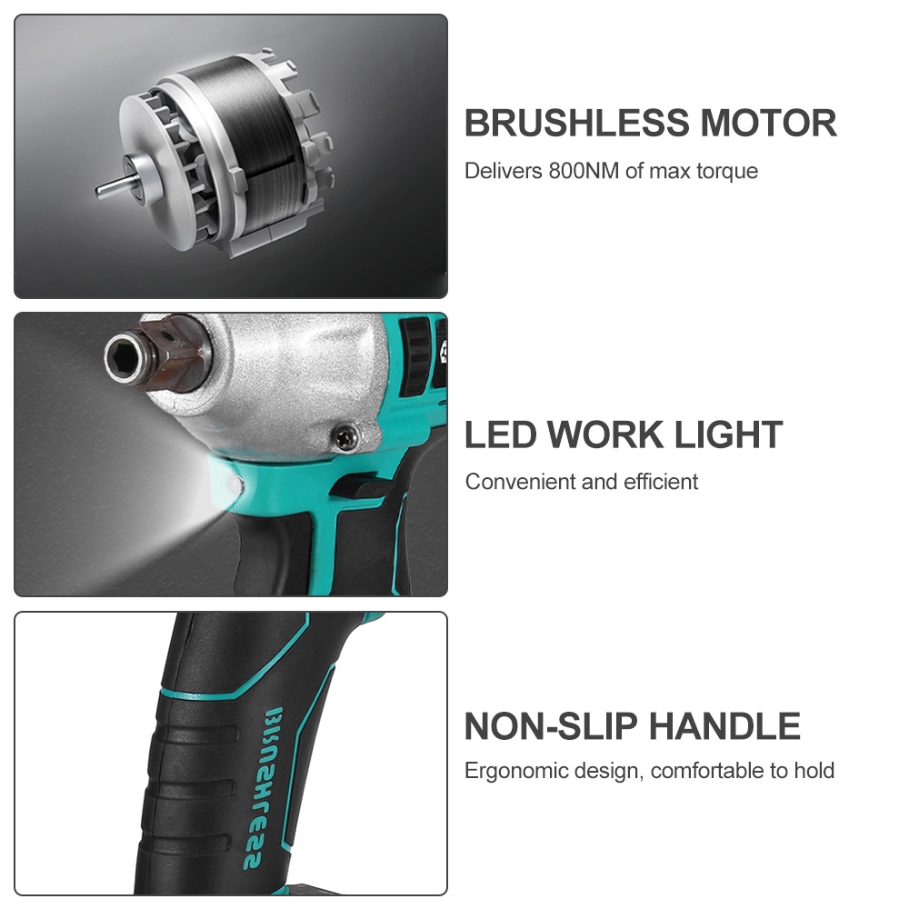 Cờ Lê Điện Không Chổi Than 800n.m 1 / 2 Pin 18v Có Thể Sạc Lại Tiện Dụng
