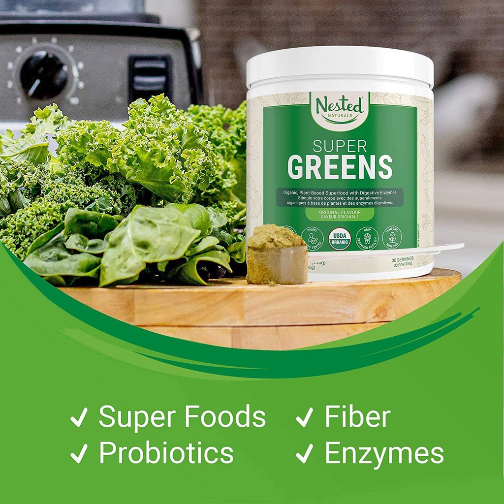 Bột siêu thực phẩm xanh NESTED SUPERGREEN 20+ thành phần tự nhiên (Spirulina, bột cỏ lúa mì), Probiotics, Xơ & Enzyme