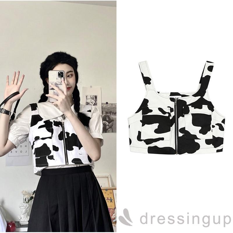 Áo Croptop Sát Nách Dáng Rộng In Họa Tiết Bò Sữa Phối Khóa Kéo Cá Tính Cho Nữ | BigBuy360 - bigbuy360.vn