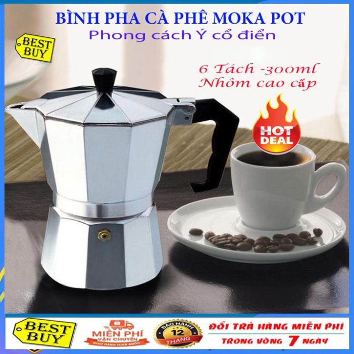 Bình pha cà phê Moka Pot 6 tách 300ml bằng Nhôm cao cấp - Bình pha cà phê kiểu Ý