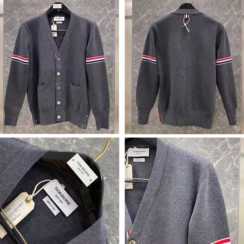 Áo khoác cardigan 3 sọc cao cấp, Áo len dệt kim kẻ sọc thổ cẩm màu xám cho các cặp đôi, Áo cardigan nam nữ