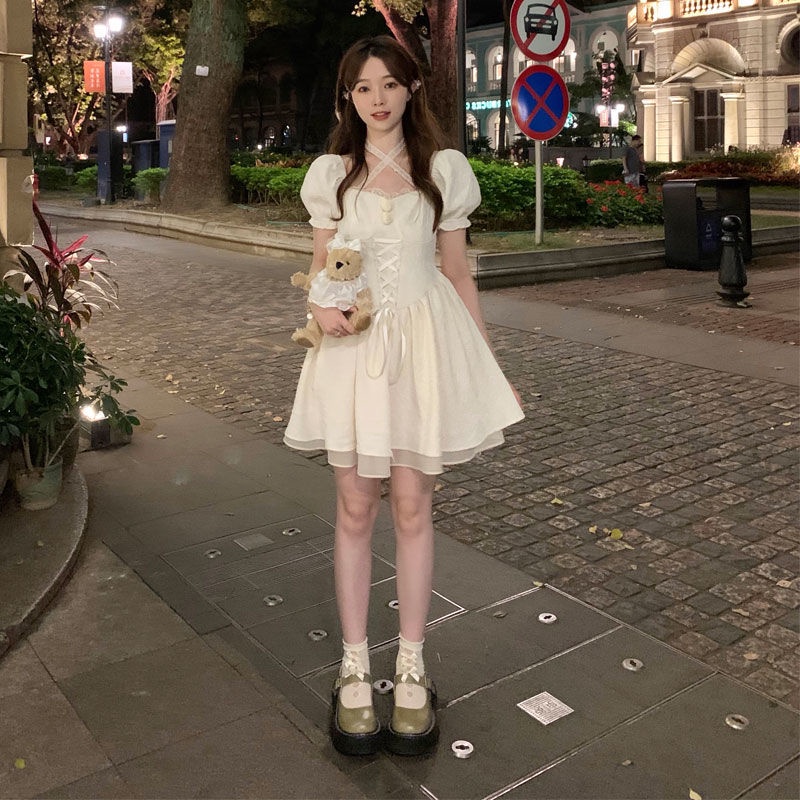 Đầm Công Chúa Tay Phồng Cổ Vuông Phong Cách retro Pháp Thời Trang Cho Nữ