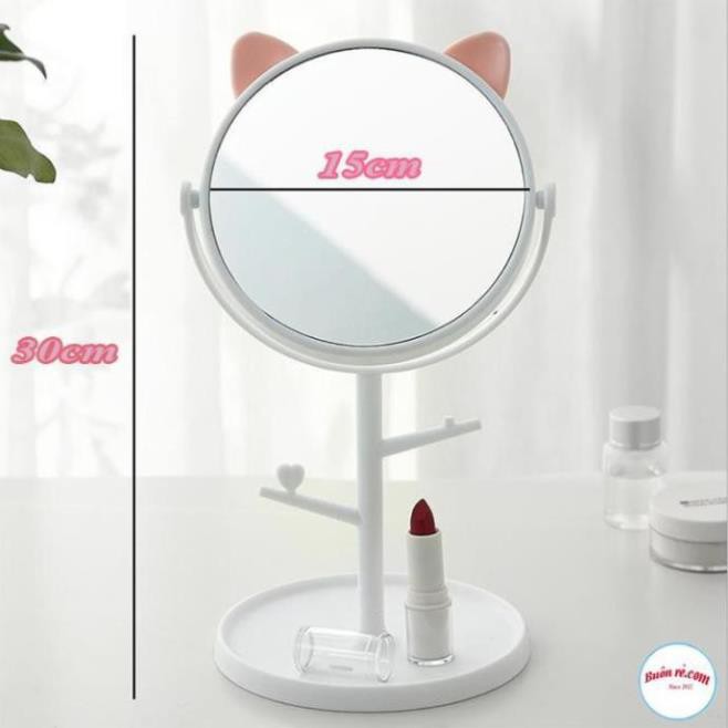 Gương Tai Mèo, Gương Trang Điêm Mini Để Bàn Xoay 360 Độ