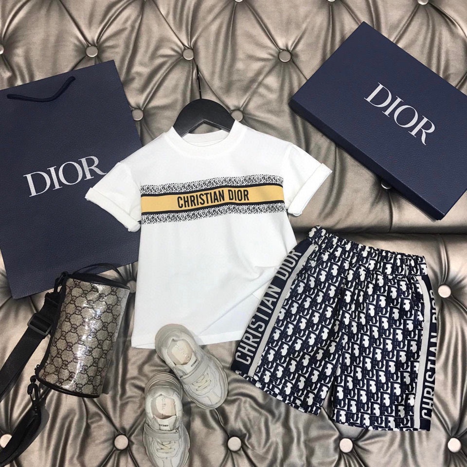Dior Bộ Áo Thun Cotton Ngắn Tay In Chữ + Quần Short Thời Trang Cho Bé