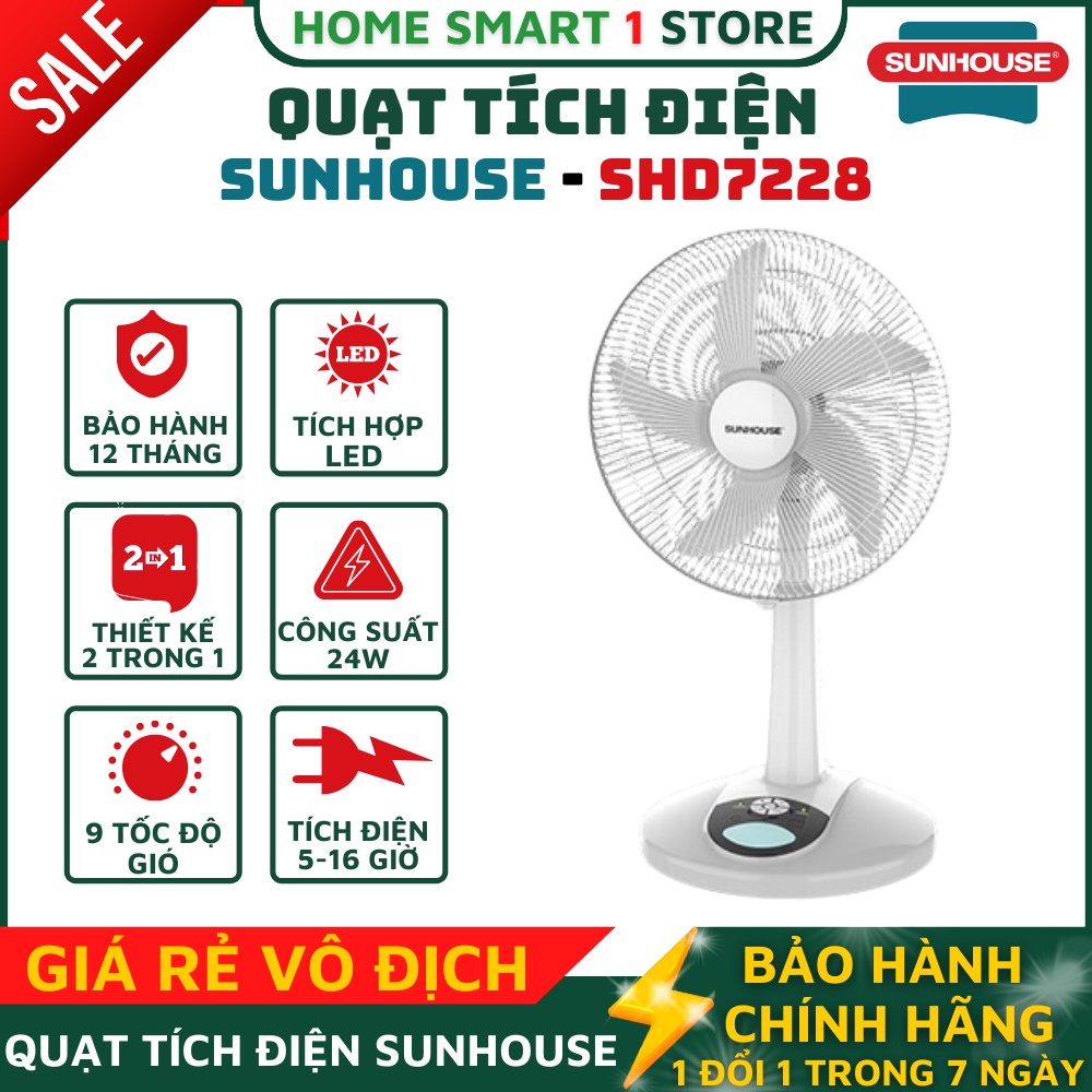 Quạt sạc tích điện sunhouse SHD7228 ,Công suất 24W, 9 tốc độ gió, Hoạt động liên tục trong 5 - 16h - Bảo Hành Toàn Quốc