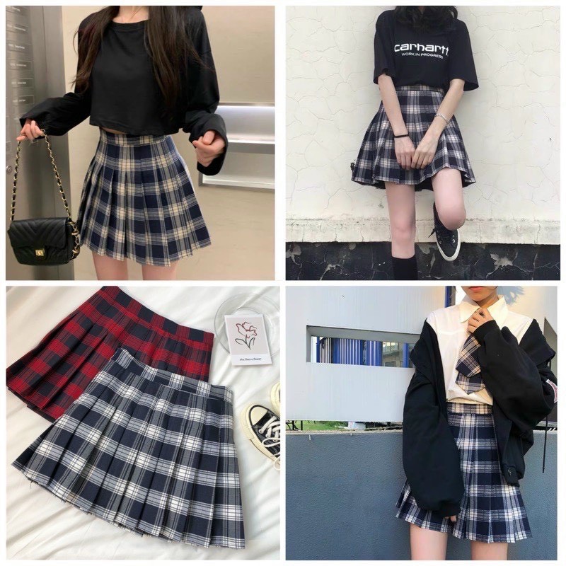 [ Mã WASTAPR giảm 10K đơn 50K] Chân váy tennis xếp ly kẻ sọc caro kèm quần