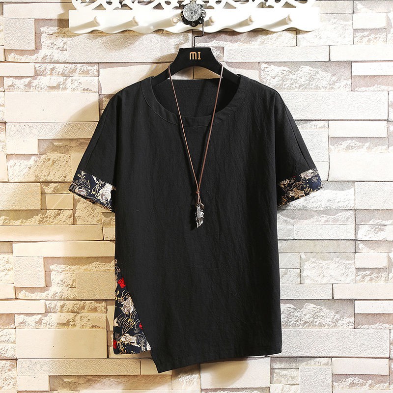 bộ vest nam phong cách Trung Quốc xu hướng mùa hè in ống tay ngắn T-shirt linen hai mảnh cotton và quần áo chín đ