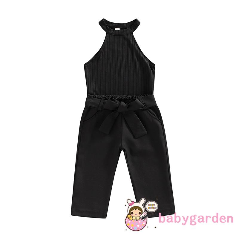 BABYGARDEN-1-6years Baby Girls Two-Piece Outfits, Solid Color Sleeveless Ribbed Mock Neck Tops + Waist Belt Decoration Pockets Trousers