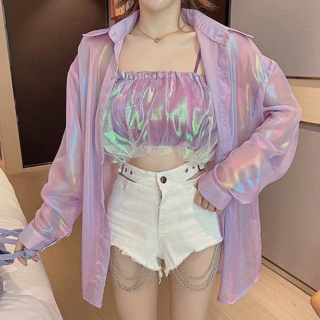 Áo sơ mi mỏng phản quang cầu vồng óng ánh hè thu cá tính