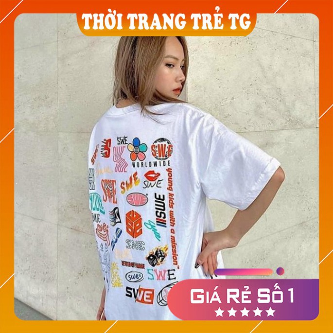 Áo thun💕𝑭𝒓𝒆𝒆𝒔𝒉𝒊𝒑💕 Áo phông form rộng dáng Unisex L56, mặc lớp, nhóm, cặp in chữ SWE CÁCH TÂN màu trắng.