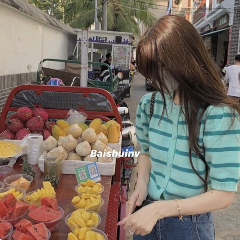 Áo cardigan PURE CUBE dệt kim tay ngắn họa tiết kẻ sọc màu sắc tương phản thời trang xuân hè cho nữ