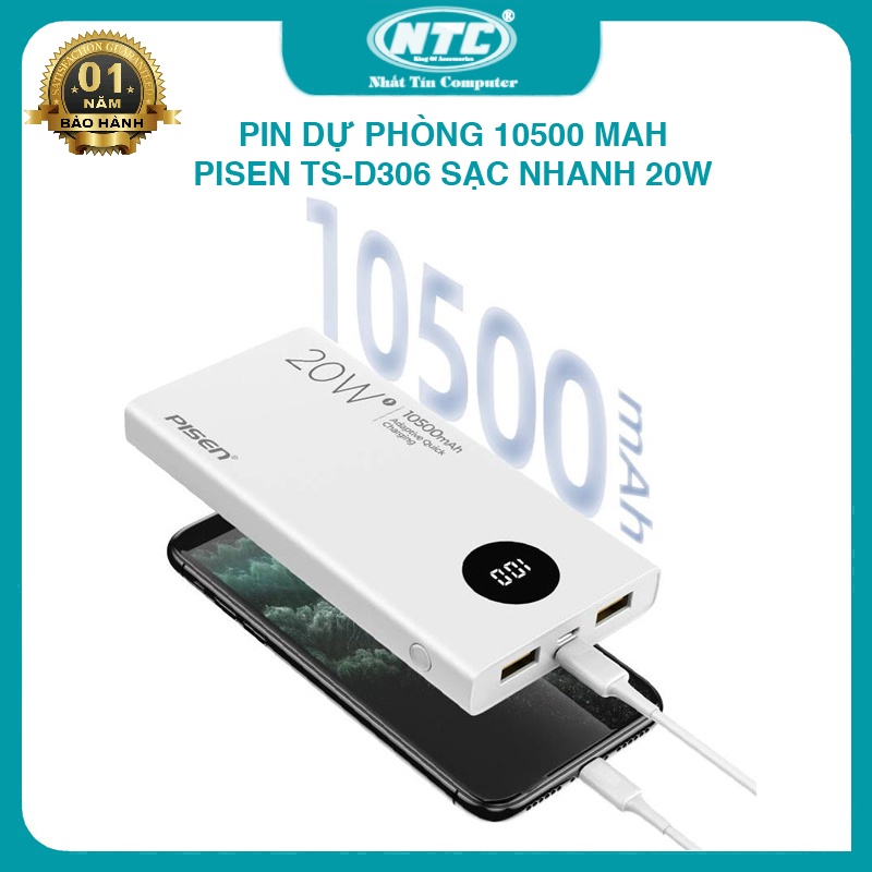 Sạc dự phòng Pisen TS-D306 dung lượng 10500mAh có LCD - hỗ trợ QC 3.0 và PD 20W (Trắng) - Nhất Tín Computer