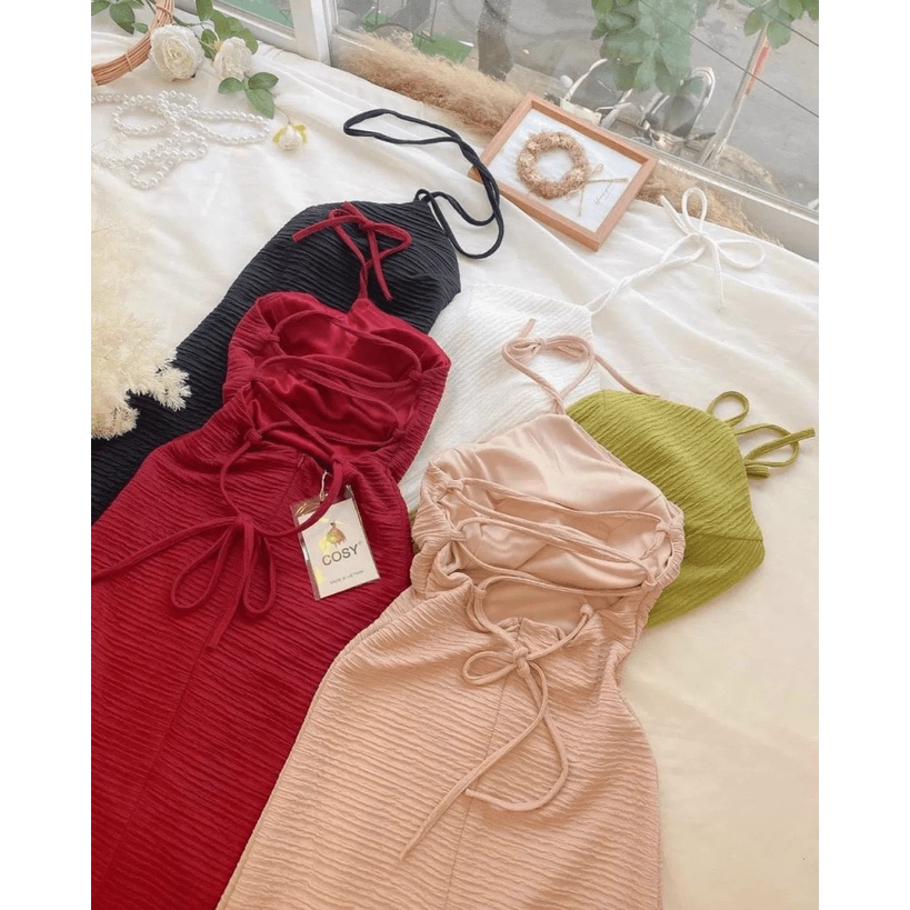 Đầm Nữ Cổ Yếm Cột Dây Đan Chéo Lưng Phối Tùng Xẻ Quyến Rũ Tôn Dáng HOt thoi trang shop valentina