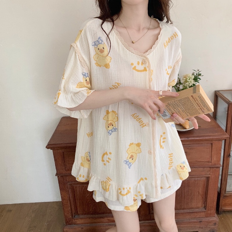 Bộ Đồ Ngủ Chất cotton Mỏng Nhẹ In Họa Tiết Dễ Thương Phong Cách Hàn Quốc Thời Trang Cho Nữ