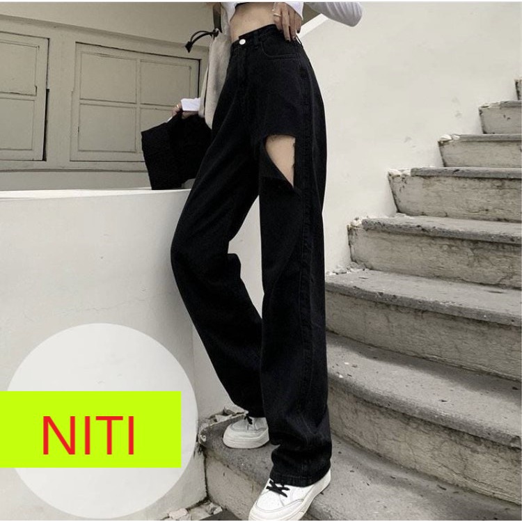 [ SÁNH VĨ NHÂN ] QUẦN JEANS ỐNG RỘNG NỮ LƯNG CAO MÀU ĐEN RÁCH L TO ĐÙI TRÁI CAO LAI CUỐN FORM DÀY DẶN MỀM MỊN CAO CẤP