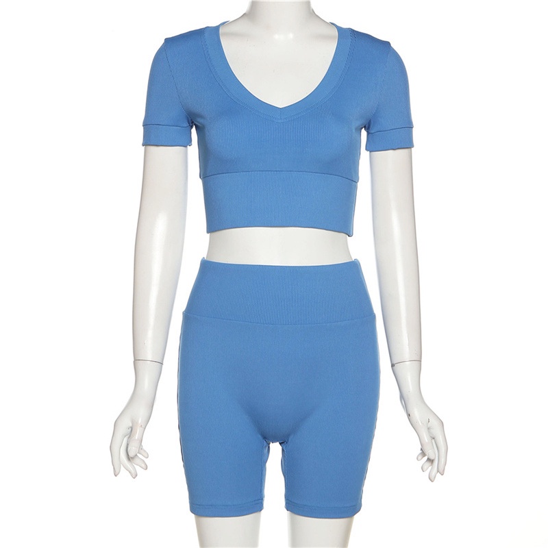 Set Áo Thun Tay Ngắn Cổ Chữ U + Quần Sọt Lưng Cao Màu Trơn Cho Nữ