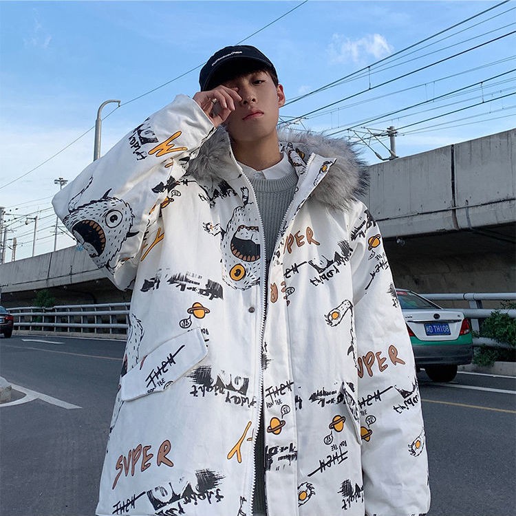 Áo khoác cotton dáng rộng phối cổ lông cỡ lớn thời trang hip hop mùa đông 2020 cho nam nữ