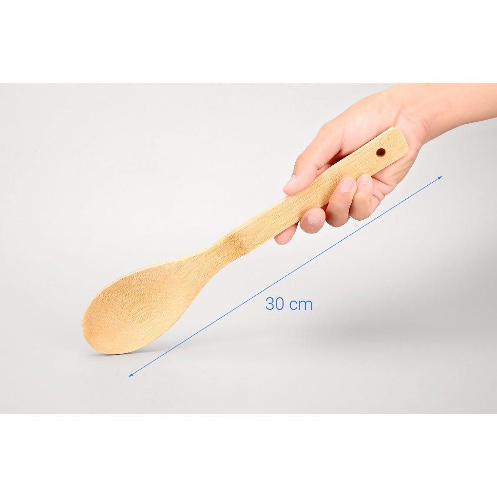 Vá cơm gỗ tre Cần Đước Long An không sơn tay cầm dài xới cơm nhanh chóng kích thước 30cm -Tonic Kalimba