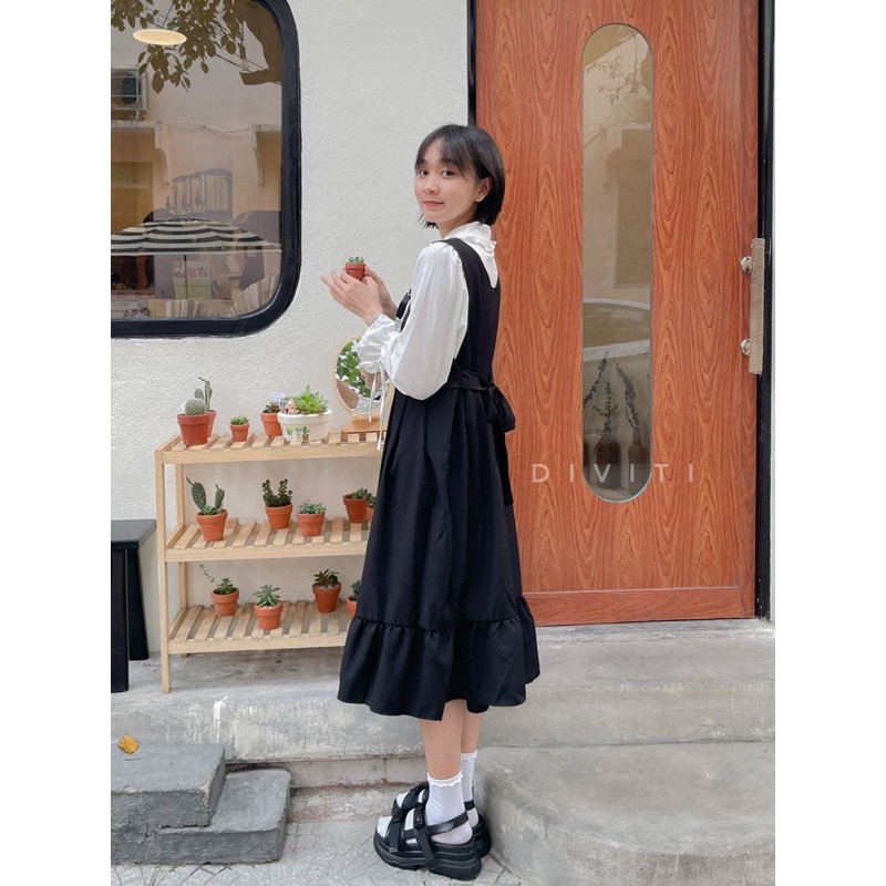 Set sơ mi bèo và đầm yếm midi đuôi cá