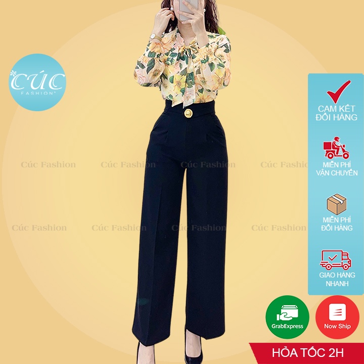 Quần ống rộng Cúc Fashion quần ống suông nữ vải lưng cạp cao dài loe culottes xuông màu đen trắng công sở QC689