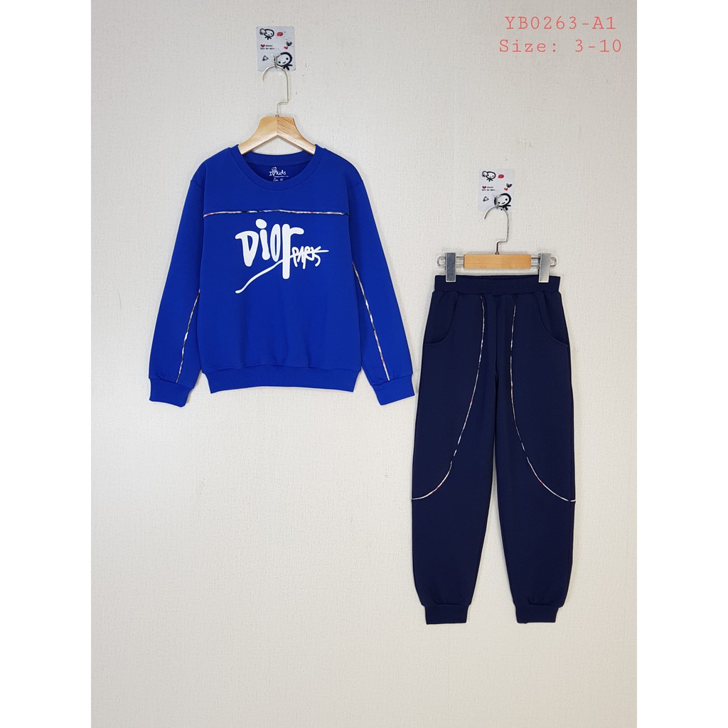 YB0263-A1 - Bộ nỉ da dài tay , bé trai , đáp viền in chữ , màu xanh coban , size nhỡ 3t-10t - hàng Made in Vietnam