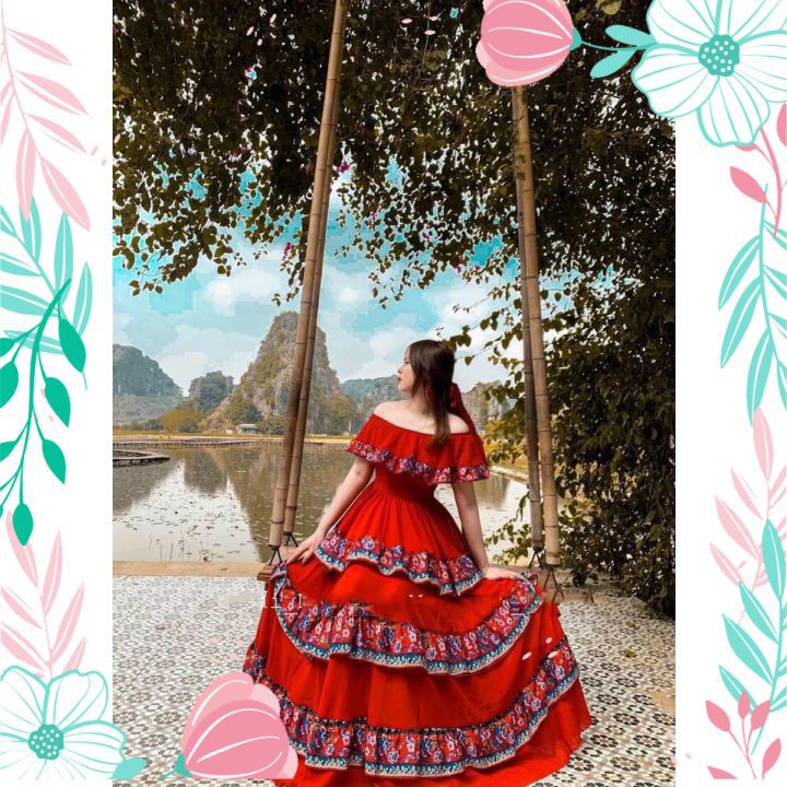 Váy Đầm Maxi Đi Biển Bệt Vai Phối Viền Hoa Cao Cấp Đầm Maxi Sống Ảo Cho Nàng | BigBuy360 - bigbuy360.vn