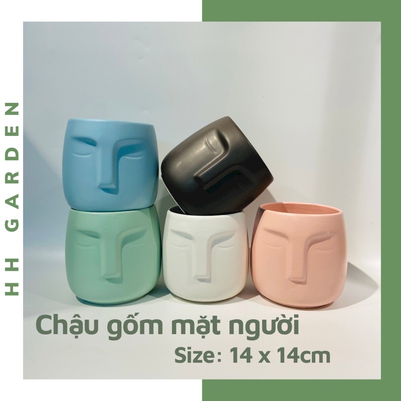 Chậu gốm hình mặt người, cỡ lớn 14.5*14cm, chậu mặt người trồng cây để bàn gốm Bát Tràng