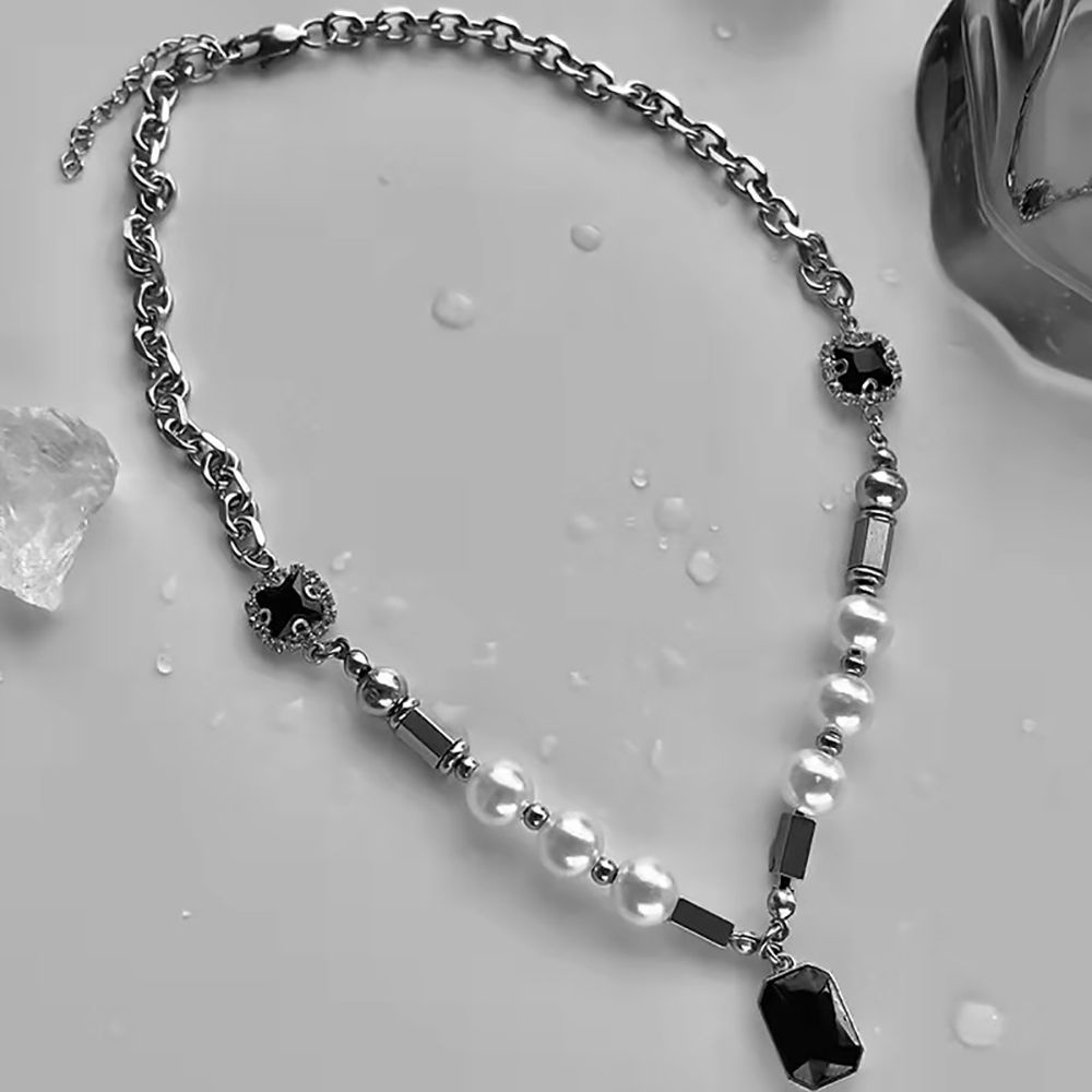 Vòng cổ choker đính ngọc trai giả màu đen phong cách hiphop Hàn Quốc cho nữ