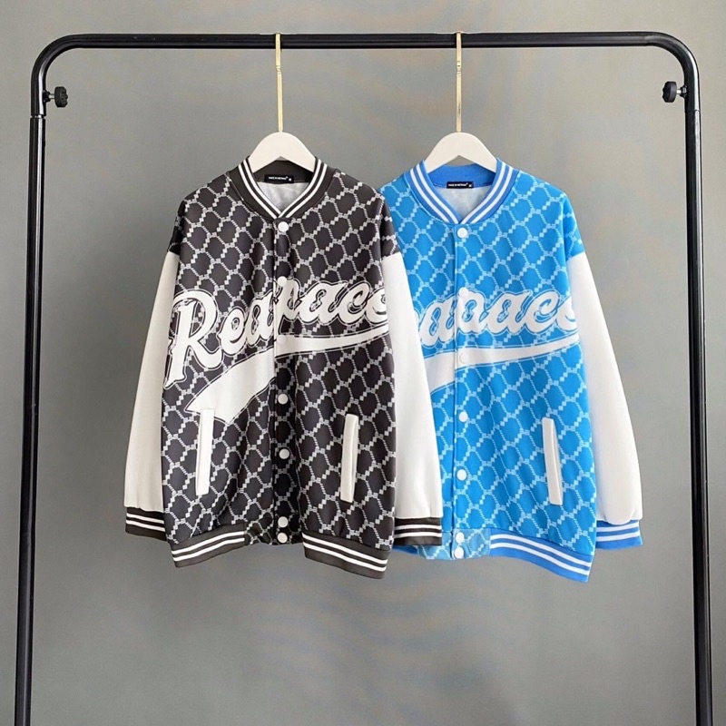 Áo BOMBER Nỉ Bông Nút Bấm Hoạ Tiết Ảnh Thật