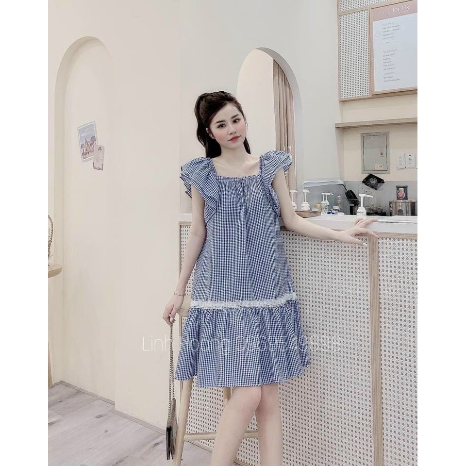 Đầm Kẻ Xanh Cánh Tiên Phối Ren | BigBuy360 - bigbuy360.vn